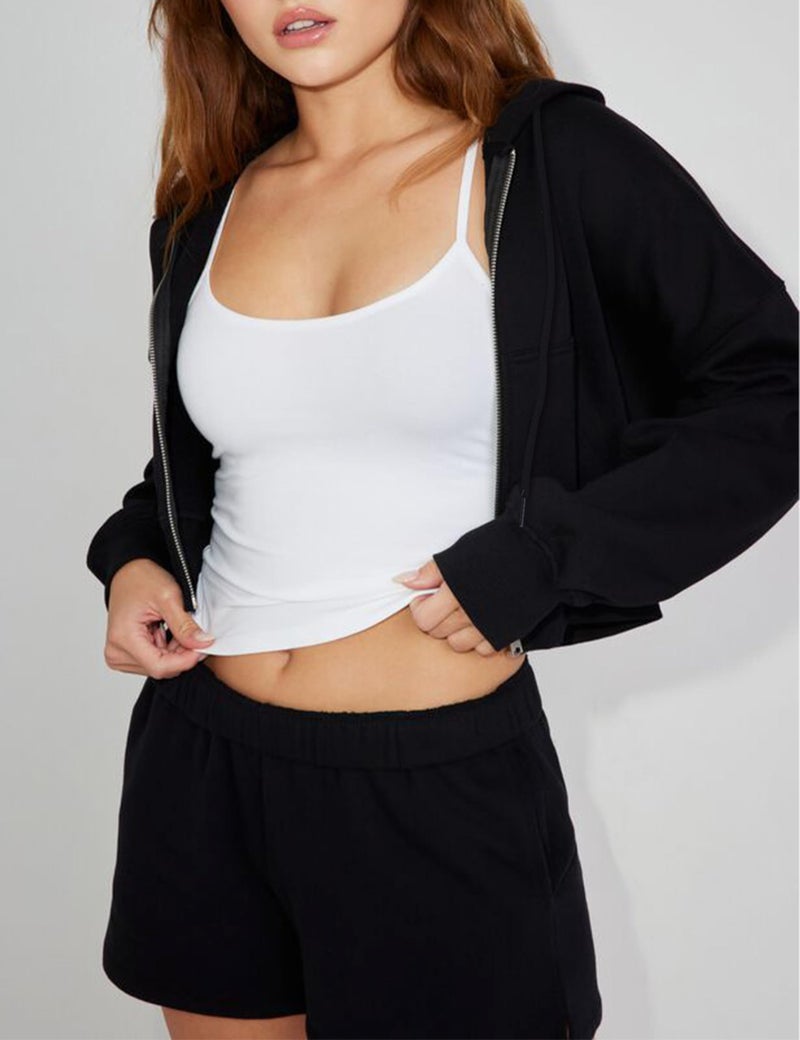 Hooever Womens Cute Workout Cropped Zip Up Drawstring Hoodie Sweatshirt Jacket Black - Image 2